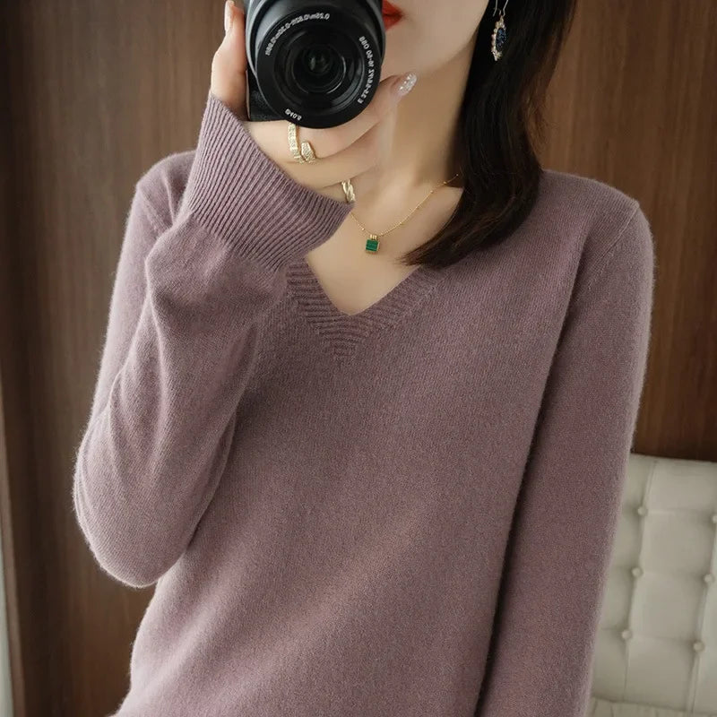 Women's Sweater 2025 Autumn Winter Knitted Pullovers V-neck Slim Fit Bottoming Shirt Solid Soft Knitwear Jumpers Basic Sweaters