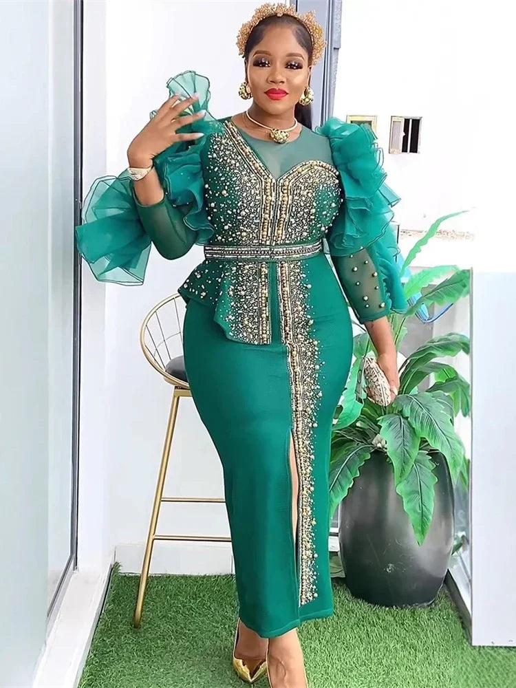 Customized Luxury Vintage Dresses For Women Wedding Party Prom Evening Gown Long Sleeve Dress Dashiki Beaded Robe Turkey African