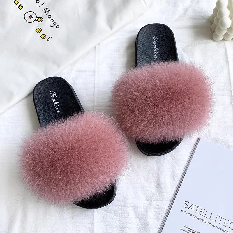 Fashion Lovely Real Fox Fur Slippers Women, Luxury Flat Sandals