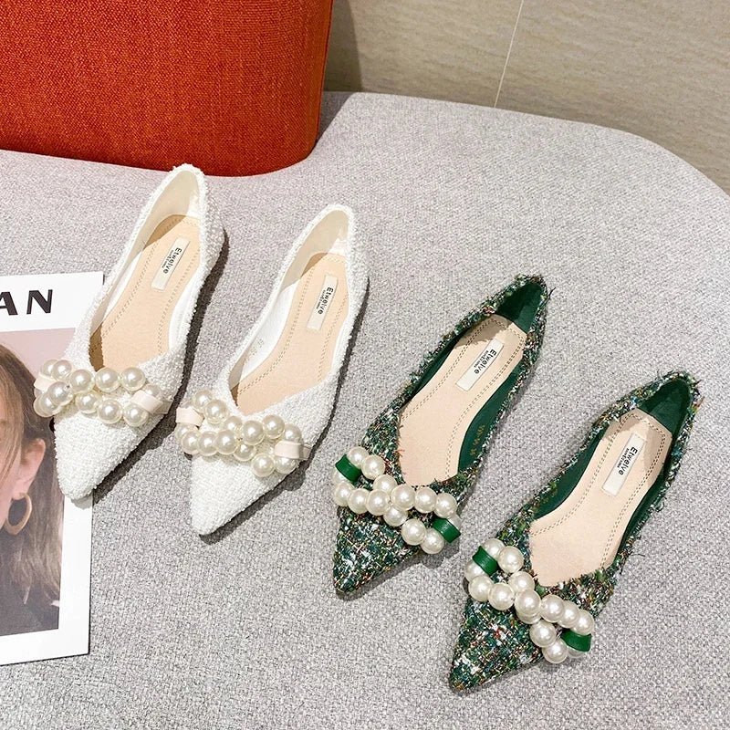 Flat Shoes for Women 2025 Spring Summer New Big Pearls Green White Women Flats Slip on Casual Loafers Zapatillas Mujer 44 45 46