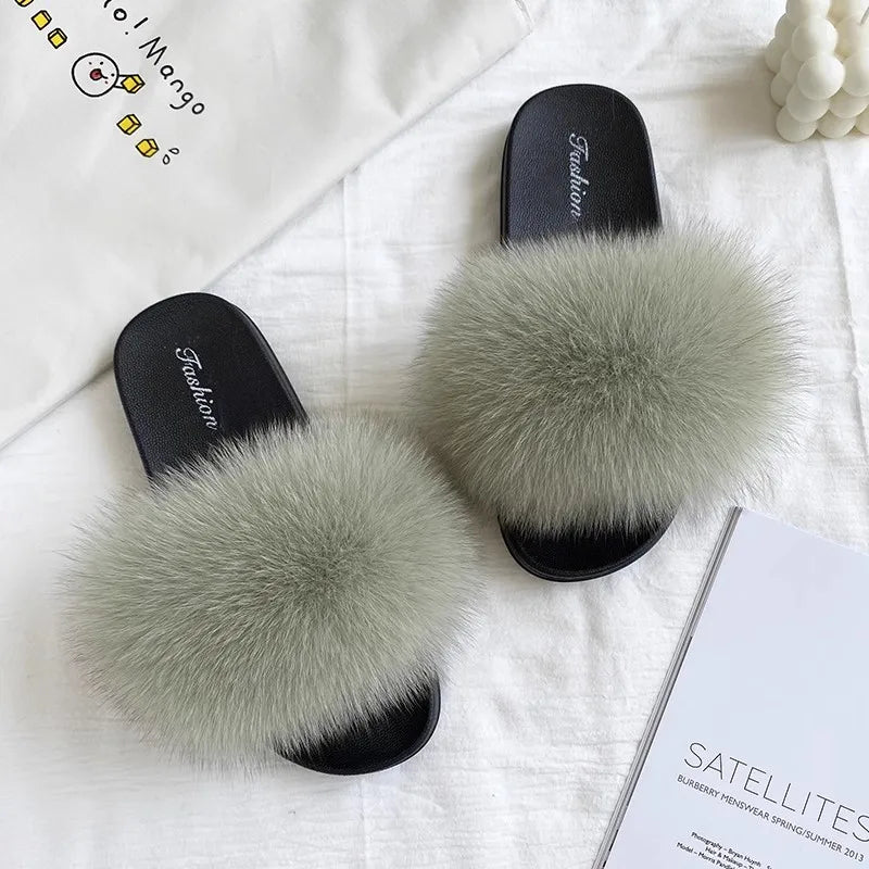 Fashion Lovely Real Fox Fur Slippers Women, Luxury Flat Sandals