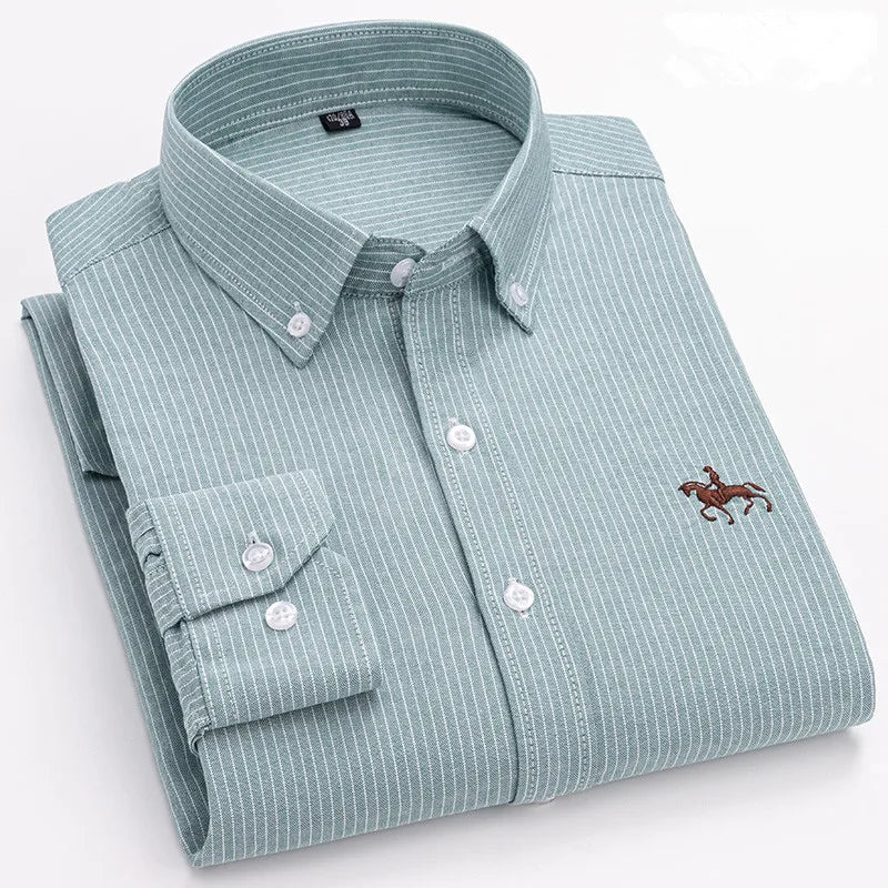 Men's 100% Cotton Oxford Washed Long Sleeve Dress Shirt — Embroidered Business Casual