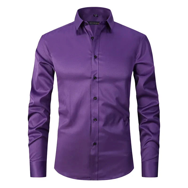 Men's Slim Fit Stretch Long Sleeve Dress Shirt — Square Collar Elegant Business Social