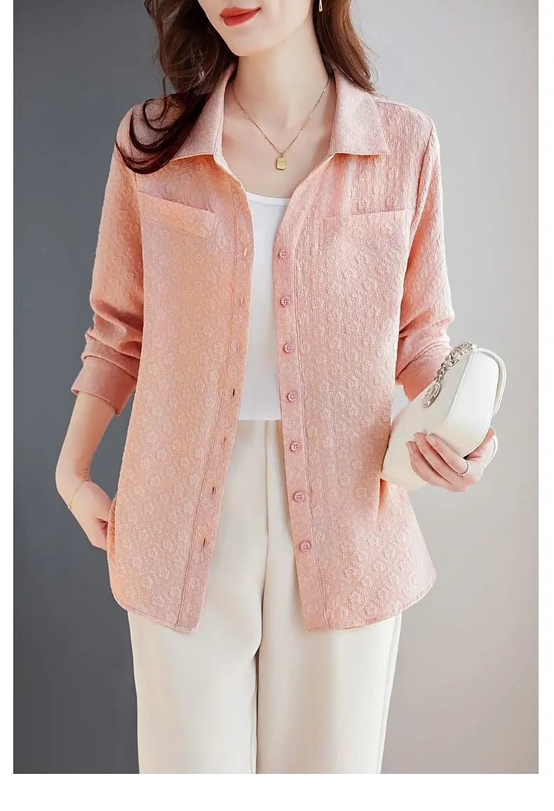 Long-sleeved Shirt for Women Autumn New Fashion Casual Versatile Jacket Fashionable Jacquard Lapel Belly-reducing Top Trendy