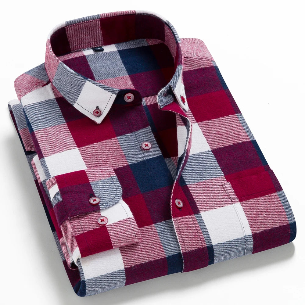 Men's Button Down Collar Contrast Plaid Pure Cotton Flannel Shirt with Left Chest Pocket Slim Fit Comfort Casual Brushed Shirts