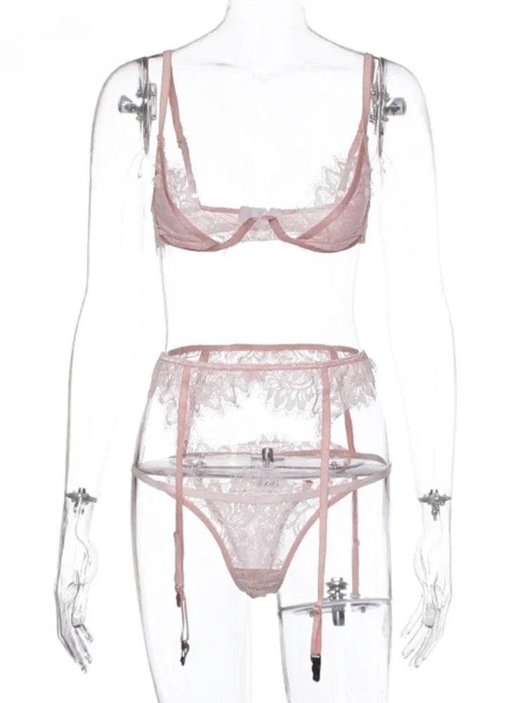 Women Pink Lace Bra and Panty Set Set Bathing Club Outfits Underwear Bralette Lace Brief Sexy Intimates Lingerie Set Straps