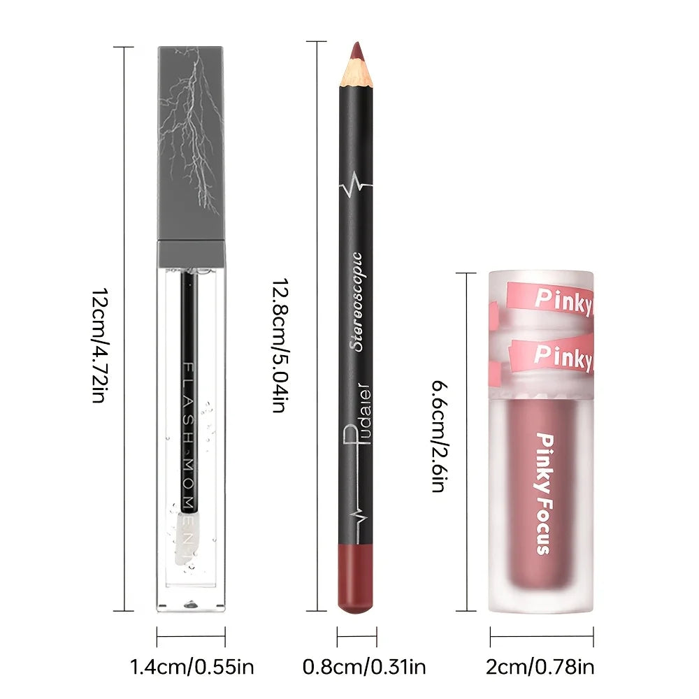 3PCS Shimmer Moisturizing Lip Gloss - Lip Liner and Lip Mud and Oil, Non-Sticky,Glitter, Nourishing Glossy Moisturizing Lipstick