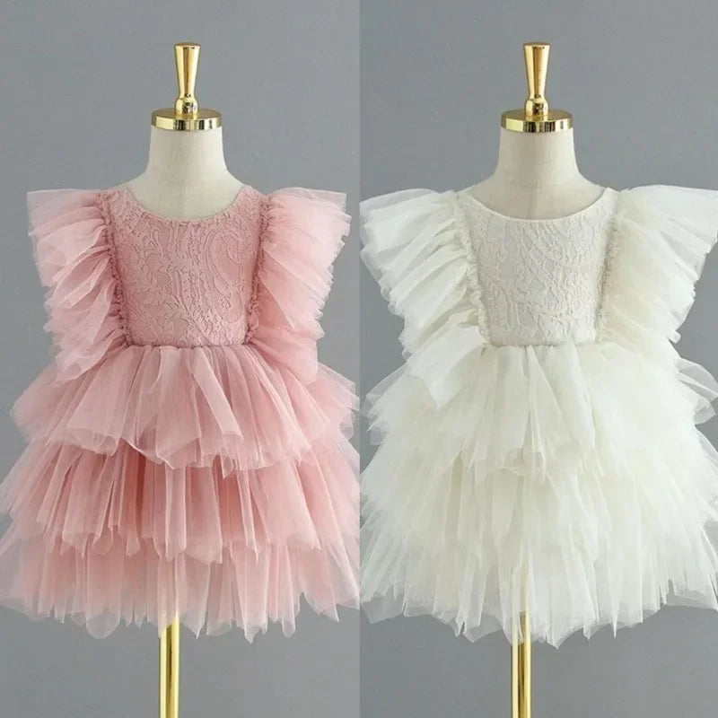 Backless Ruffles Lace Flare Sleeves Layered Princess Party Dresses