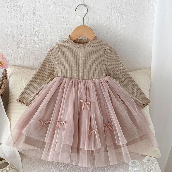 2025 New Spring Sister Dress 2-6Yrs Girl Party Dress Long Sleeved Cotton Mesh Splicing Kids Princess Dresses Children Clothes