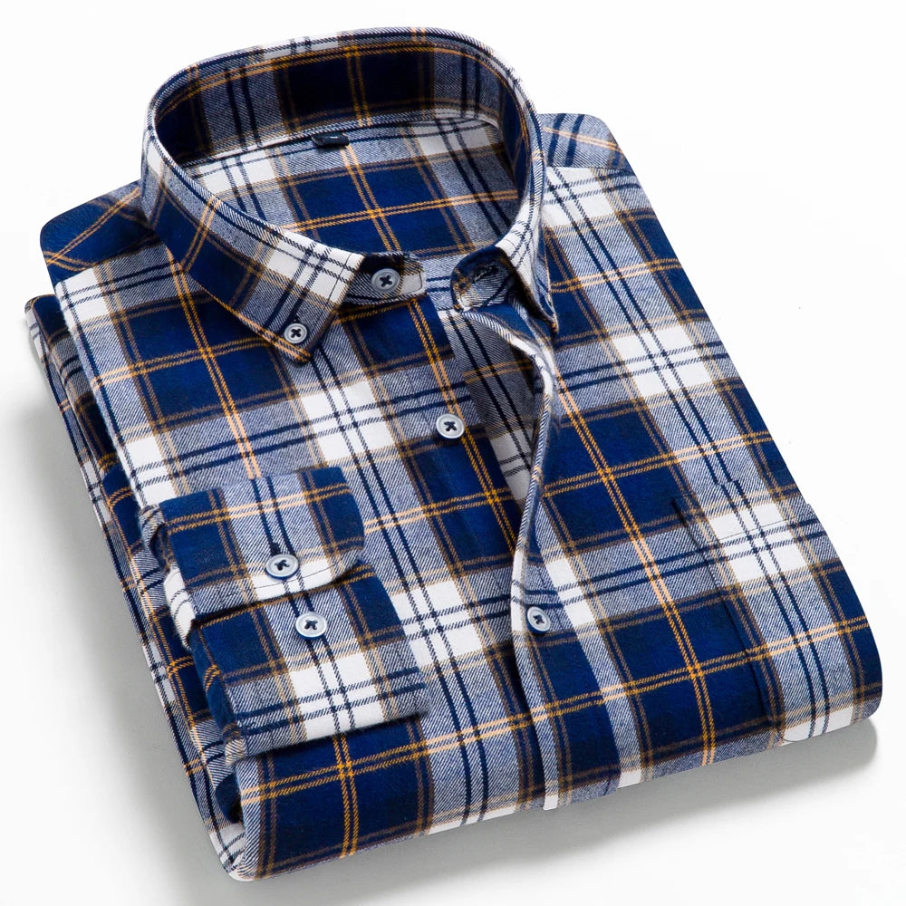 Men's Button Down Collar Contrast Plaid Pure Cotton Flannel Shirt with Left Chest Pocket Slim Fit Comfort Casual Brushed Shirts