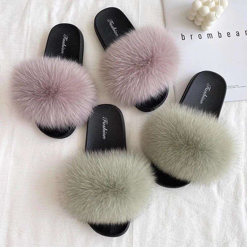 Fashion Lovely Real Fox Fur Slippers Women, Luxury Flat Sandals