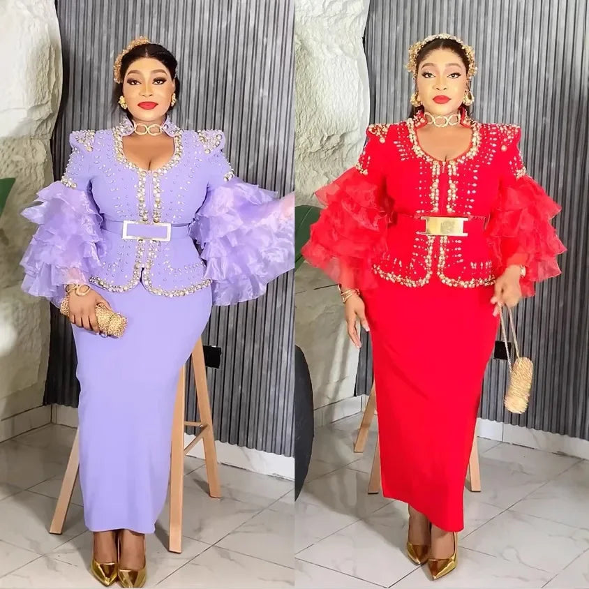 Customized Luxury Vintage Dresses For Women Wedding Party Prom Evening Gown Long Sleeve Dress Dashiki Beaded Robe Turkey African