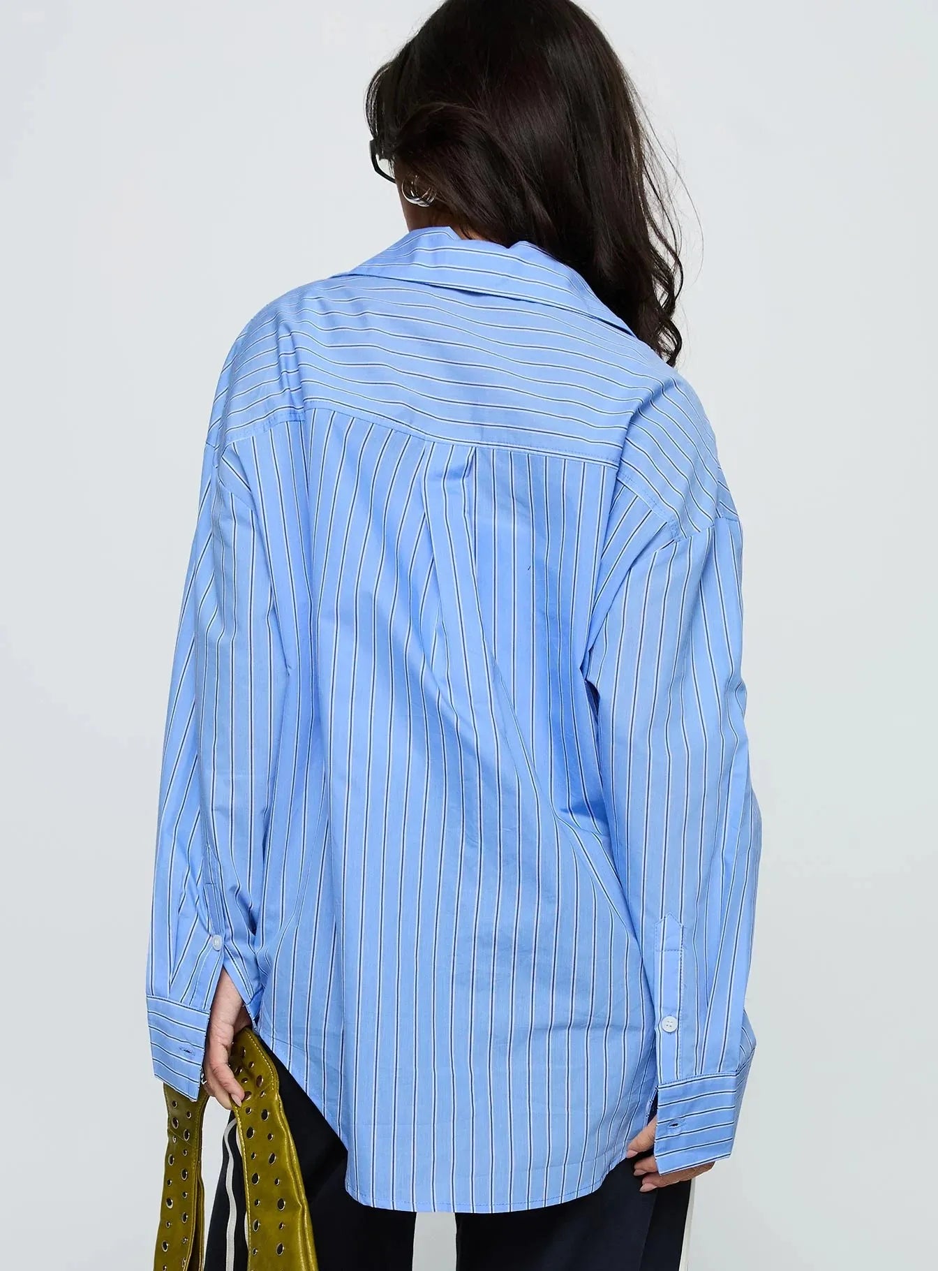 Women Spring Button Down Shirt Blue Pinstripe Loose Fit Long Sleeve Button Up Shirt Wide Collar Casual Tops Lightweight Shirts