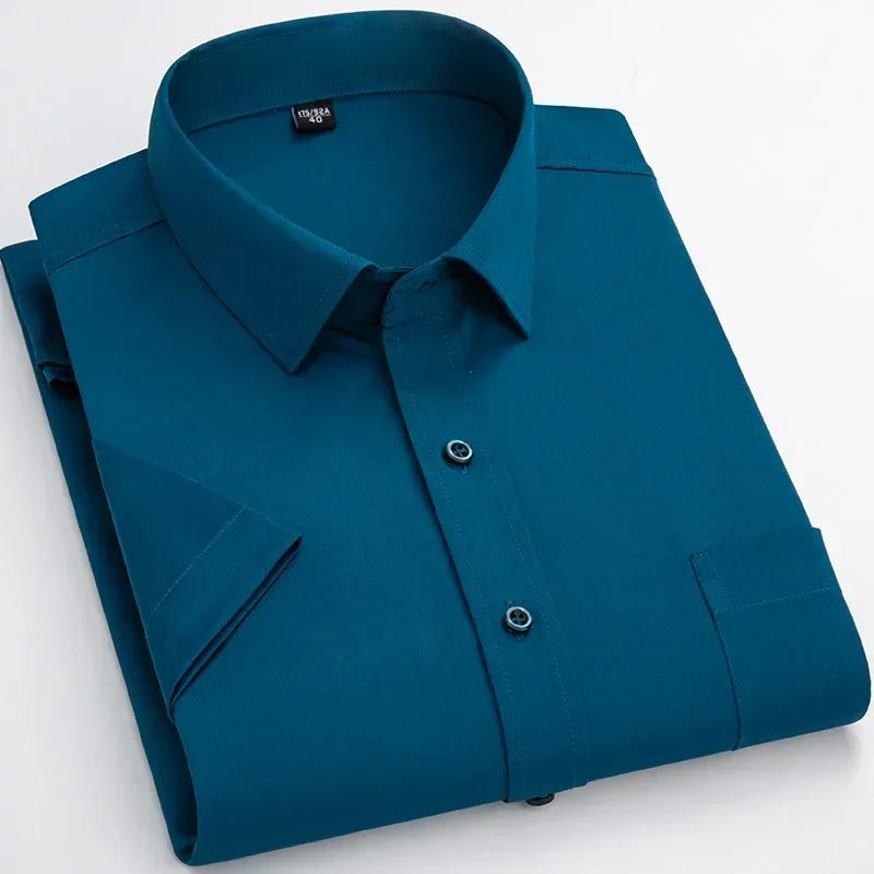 Lynett Lamar Men's Stretch No-Iron Short Sleeve Dress Shirt — Square Collar Formal Workwear