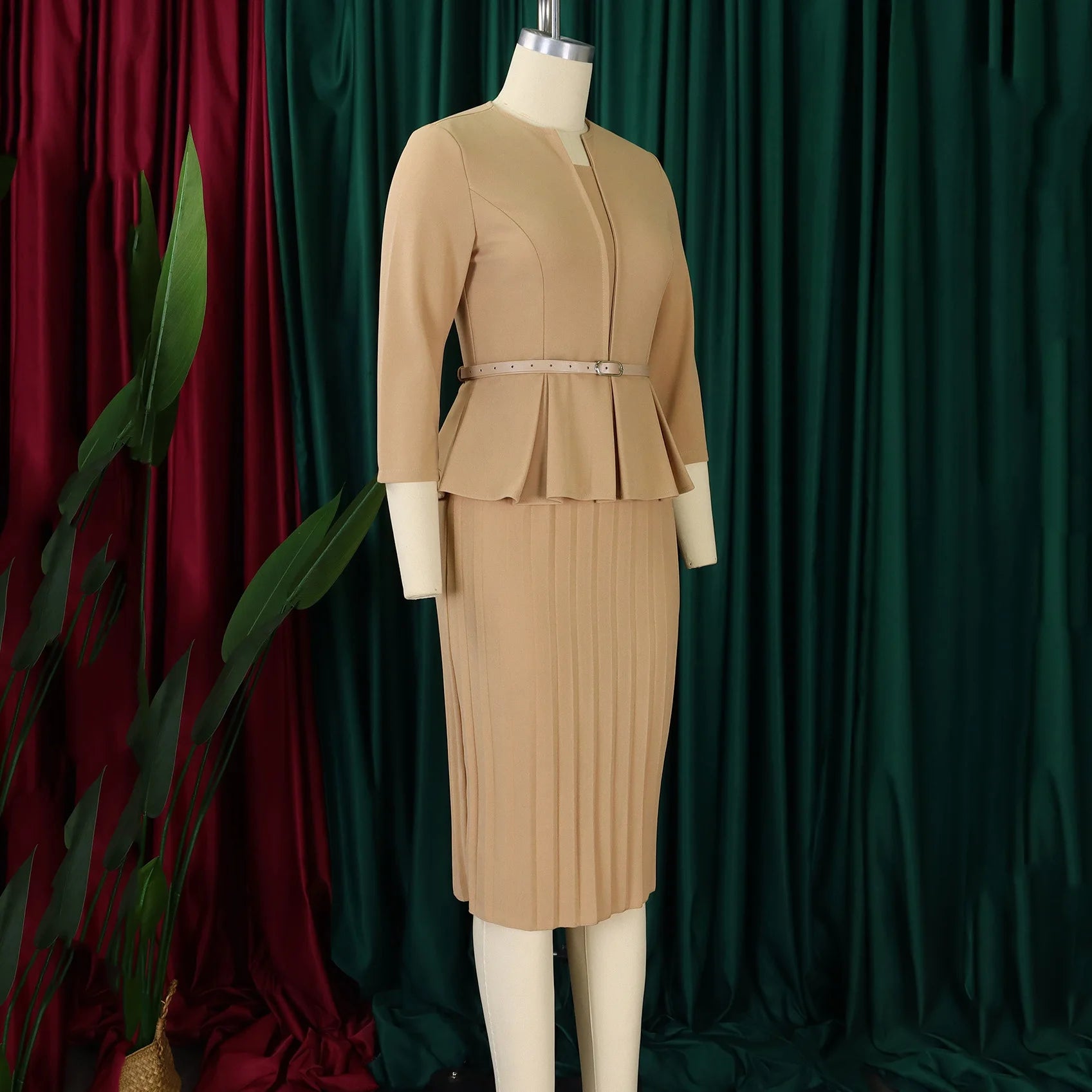 Elegant Office Dress for Women Professional 2024 New V Neck Three Quarter Sleeve Belt Waisted Mid Calf Formal Business Work Robe