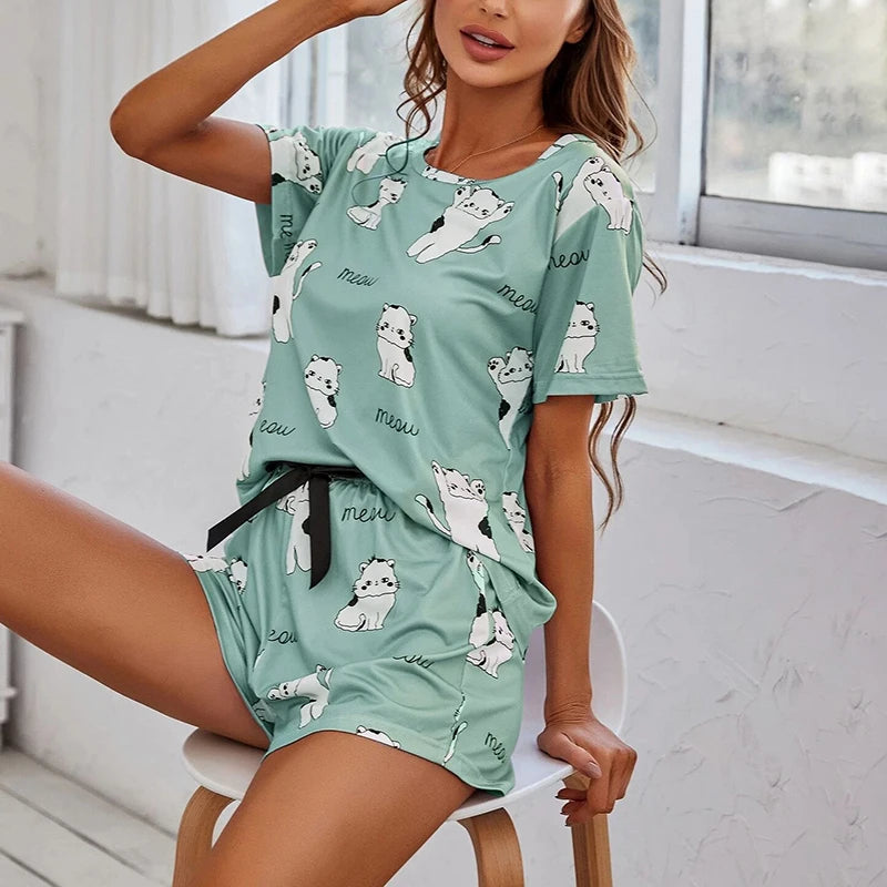Women's Loungewear Casual Cute Print Nightwear Short Sleeve Crew Neck T-Shirt And Shorts Pajama Set Sleepwear Lounge Two Piece