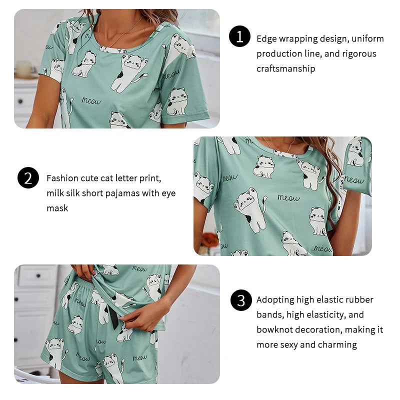 Women's Loungewear Casual Cute Print Nightwear Short Sleeve Crew Neck T-Shirt And Shorts Pajama Set Sleepwear Lounge Two Piece
