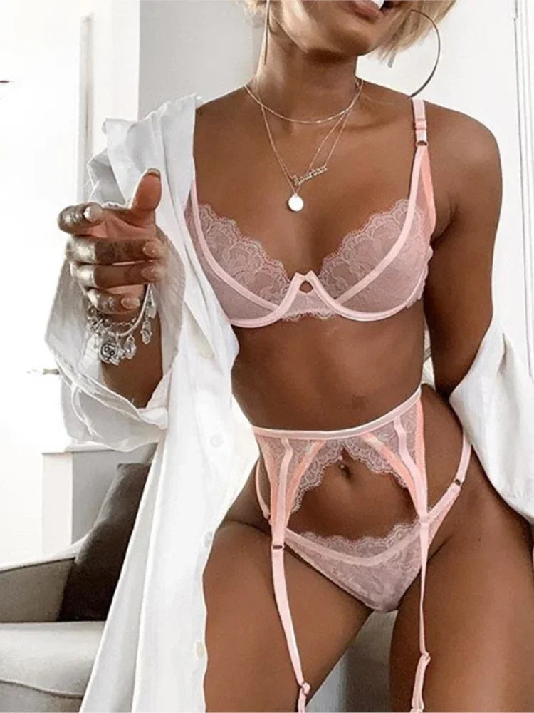 Women Pink Lace Bra and Panty Set Set Bathing Club Outfits Underwear Bralette Lace Brief Sexy Intimates Lingerie Set Straps