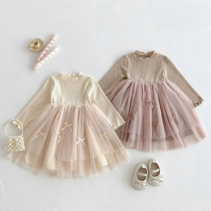 2025 New Spring Sister Dress 2-6Yrs Girl Party Dress Long Sleeved Cotton Mesh Splicing Kids Princess Dresses Children Clothes