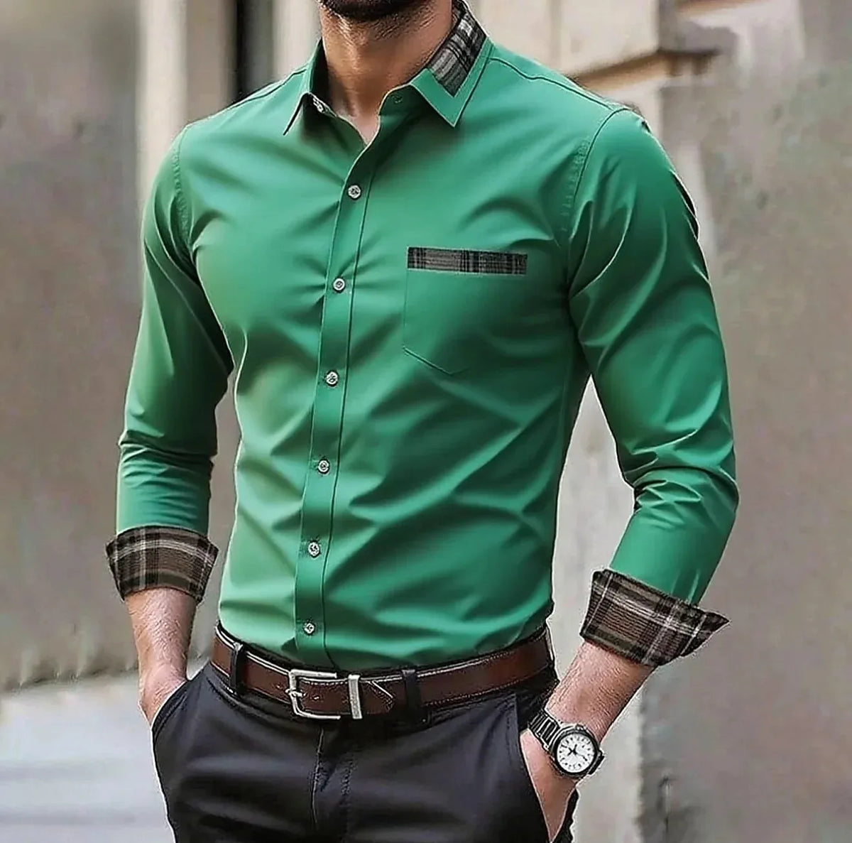 Men's Silk-Blend Plaid Long Sleeve Dress Shirt — 12 Colours Formal Casual Wedding