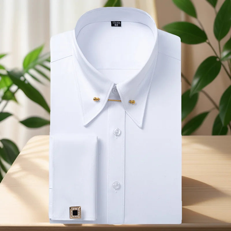 Lynett Lamar Men's Embroidered French Cuff Long Sleeve Dress Shirt — Big Collar with Collar Pins S–4XL