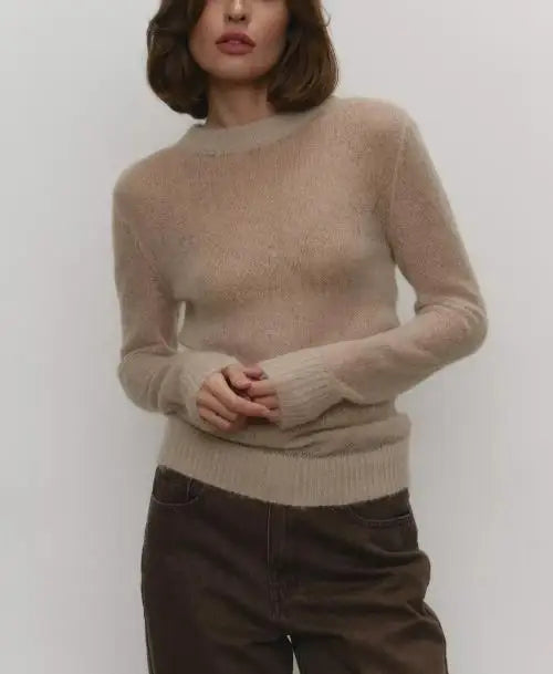 Women's Sweater 2025 Spring Autumn New Comfortable Round Neck Long Sleeve Casual Knitted Basic Semi Transparent Pullover Sweater