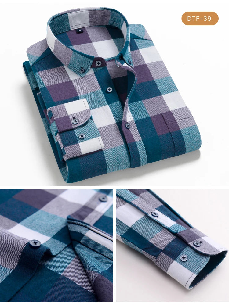 Men's Button Down Collar Contrast Plaid Pure Cotton Flannel Shirt with Left Chest Pocket Slim Fit Comfort Casual Brushed Shirts