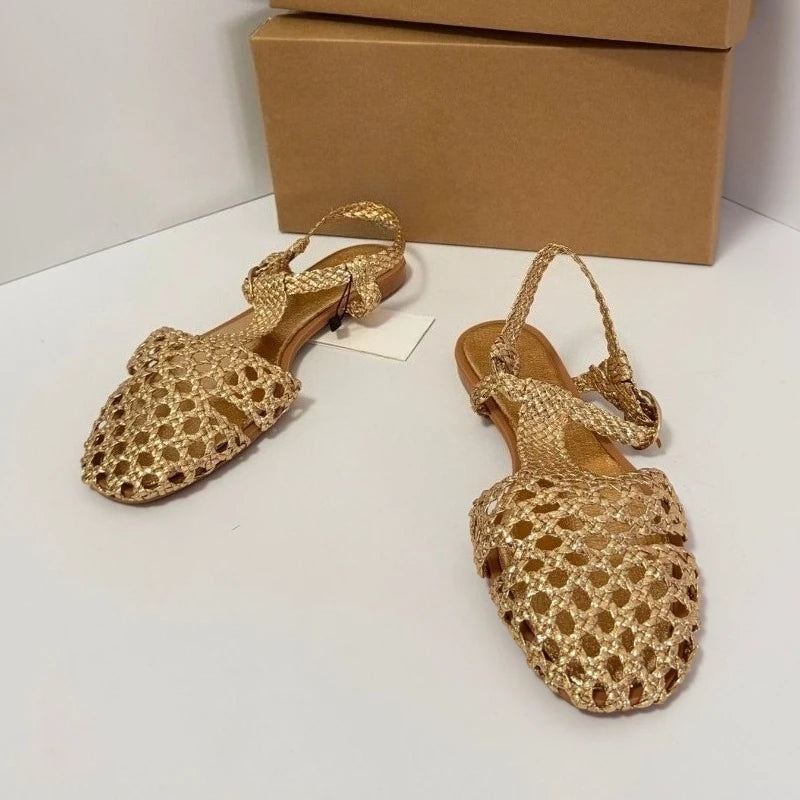 Women Flat Sandals Gold Woven Style Soft Inside Very Light Easy to Wear Summer Sandals with Adjustable Ankle Strap