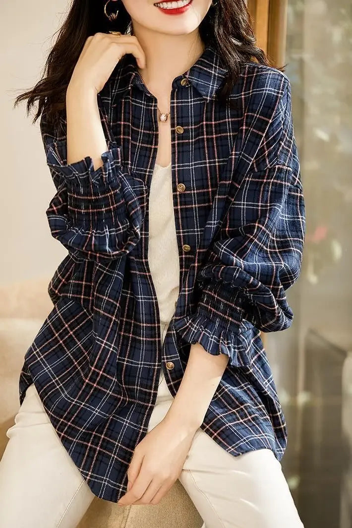 Long Plaid Button Down Shirt For Women Casual Office Wear Loose Fit Turn Down Collar Full Sleeve Spring Autumn Style