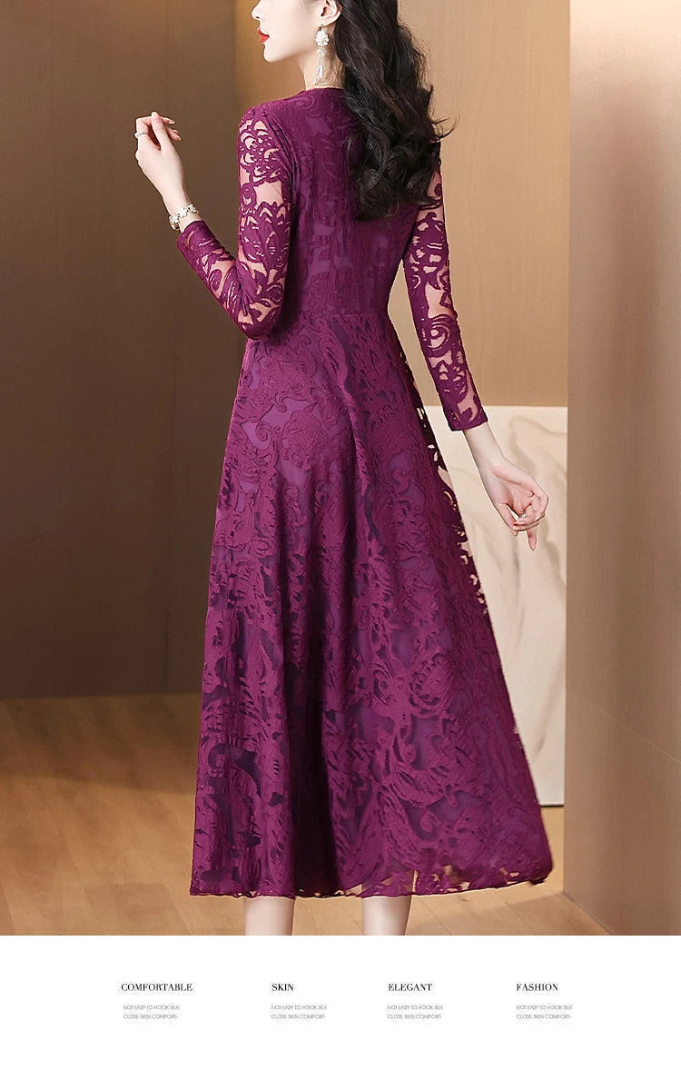 Women Vintage V-neck Lace Hollow Out Sexy Dress 2025 Elegant Bodycon Party Vestidos Spring Autumn Black Long Sleeve Midi Dresses
