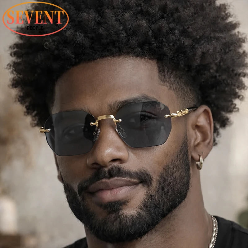 Steampunk Rimless Square Sunglasses Men 2026 Luxury Designer Vintage Metal Polygon Outdoor Sun Glasses Male Frameless Shades