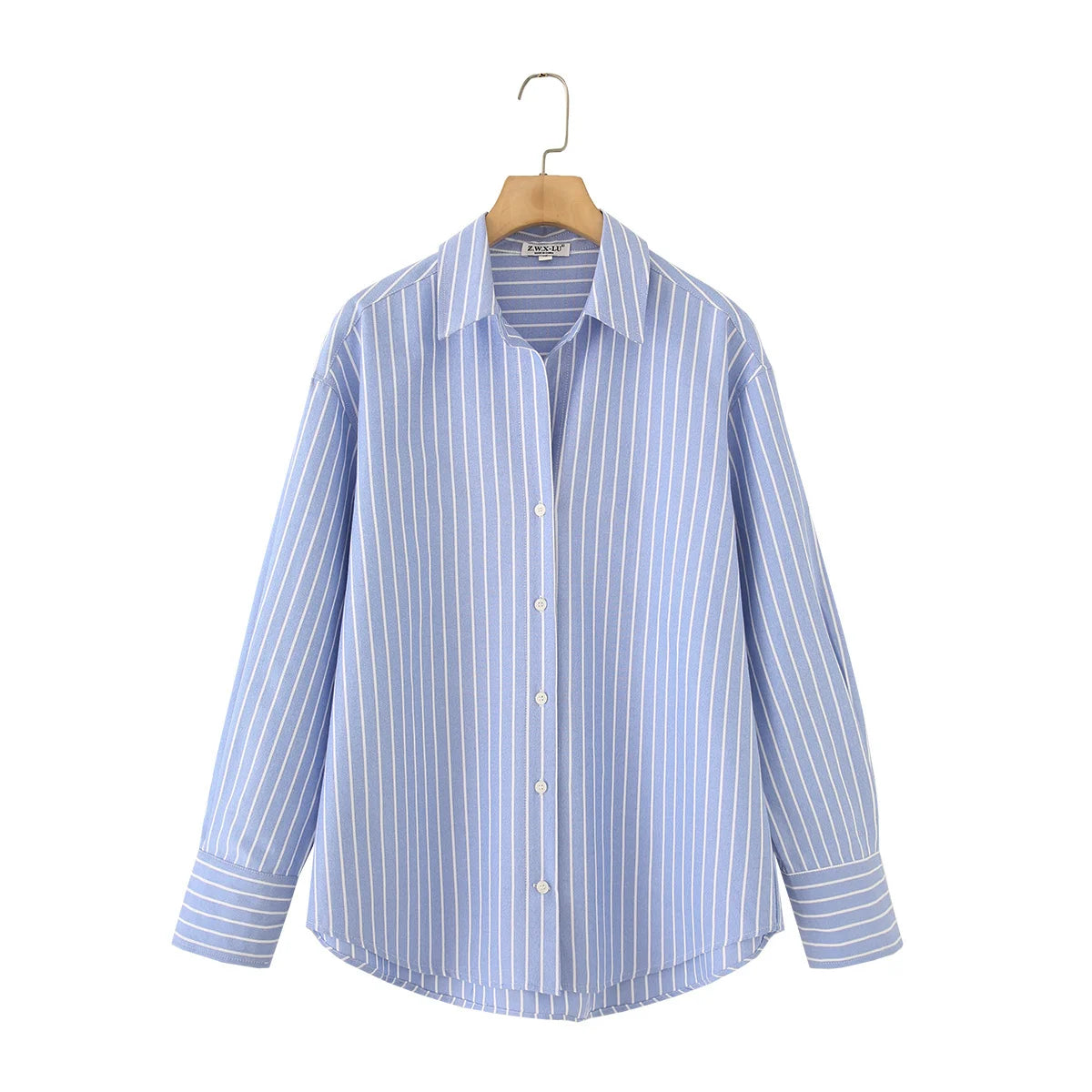 Blue Stripe Button-Down Shirt Women Oversized Fit Long Sleeve Spring Summer Elegant Office Casual Daily Wear Lightweight Top
