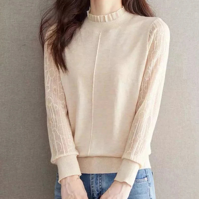 Clothes for Women Spring Autumn Fashion Ruffled Hollow Long Sleeve Knitted Sweaters Elegant Chic Solid Loose Basic Pullover Tops