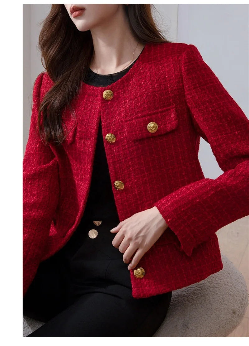 Women's Jacket 2025 New Autumn Fashion Red Tweed Small Fragrance Coat Ladies Short Blazers Korean Elegant Female Tops Outerwear
