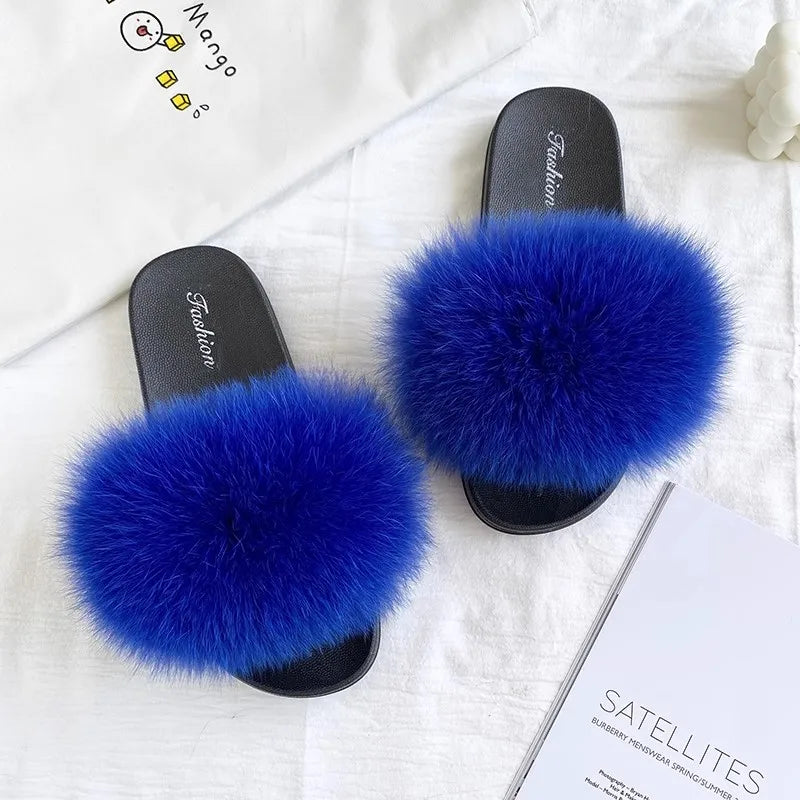 Fashion Lovely Real Fox Fur Slippers Women, Luxury Flat Sandals