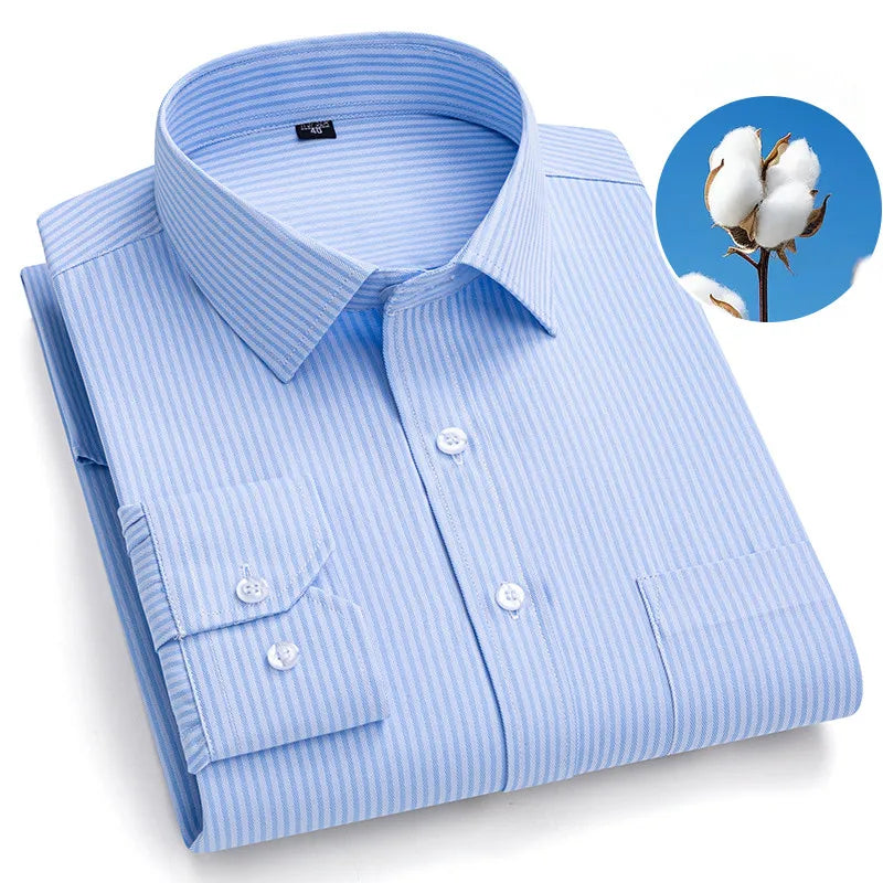 Men's Printed Plaid & Stripe Long Sleeve Casual Shirt — Single Pocket Business Formal Four Seasons