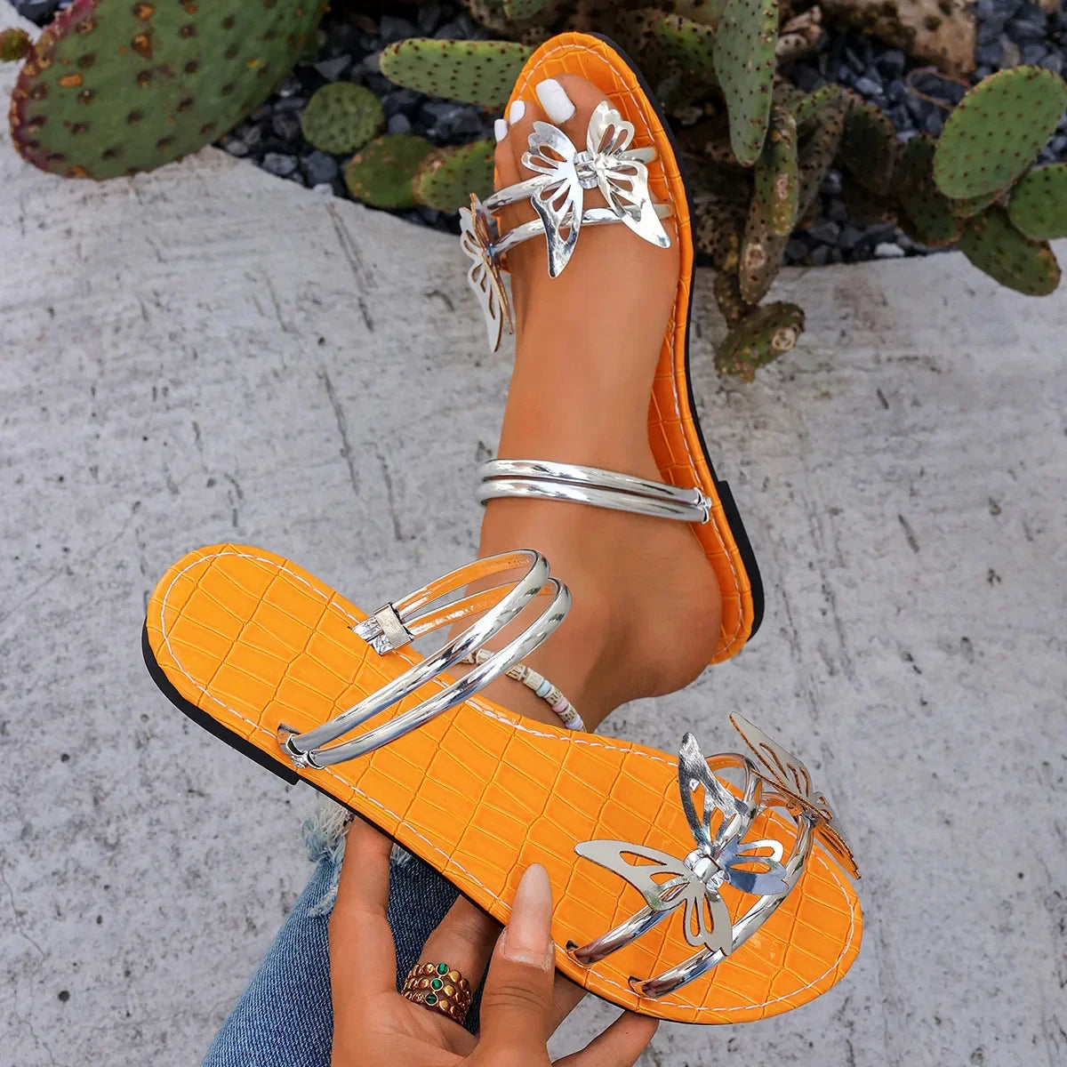Women's Sandals Summer Comfortable Casual Shoes Flat Slippers Women's Shoes Beach Butterfly Gold Footwear