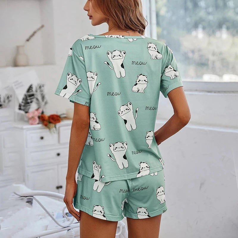 Women's Loungewear Casual Cute Print Nightwear Short Sleeve Crew Neck T-Shirt And Shorts Pajama Set Sleepwear Lounge Two Piece