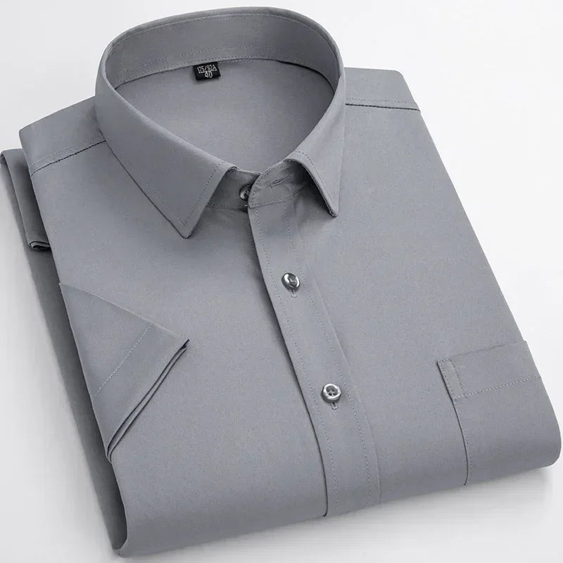 Lynett Lamar Men's Stretch No-Iron Short Sleeve Dress Shirt — Square Collar Formal Workwear
