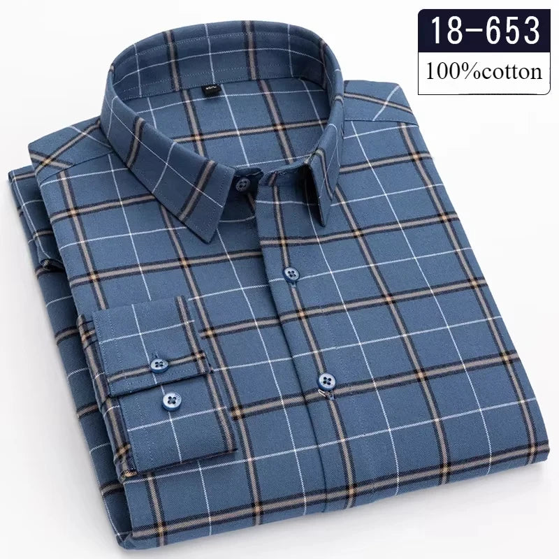 Men's 100% Cotton Brushed Slim Fit Long Sleeve Shirt — Plaid & Striped Casual Autumn