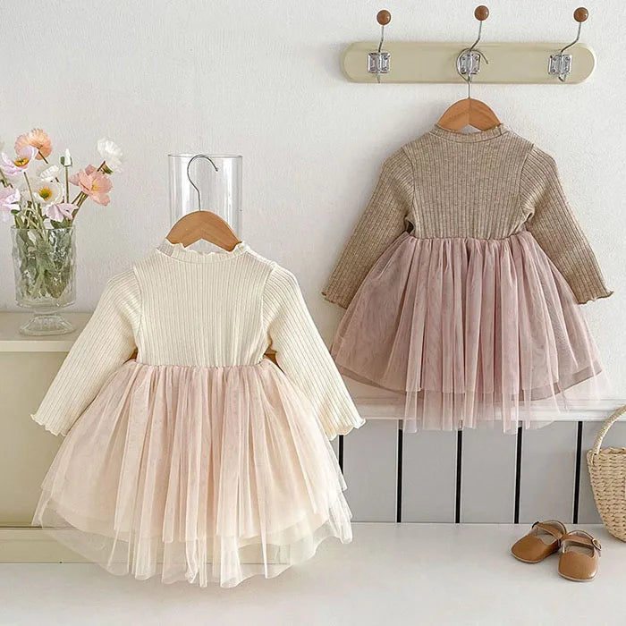 2025 New Spring Sister Dress 2-6Yrs Girl Party Dress Long Sleeved Cotton Mesh Splicing Kids Princess Dresses Children Clothes