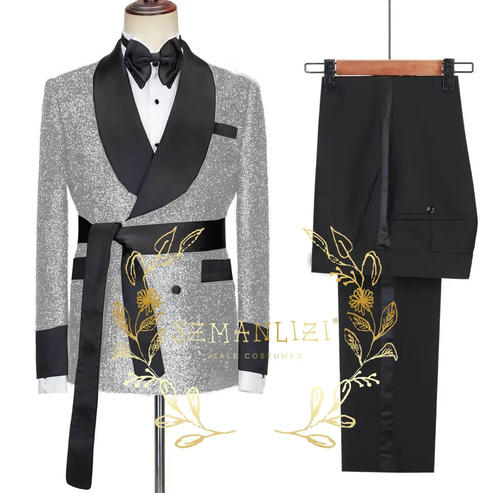 2026 Tailor-Made Shiny Black Groom Tuxedo Double Breasted Men Suit Prom Wedding Party Mens Suits Costume ( jacket+Pants+Belt)