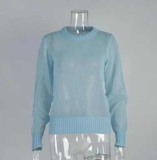 Women's Sweater 2025 Spring Autumn New Comfortable Round Neck Long Sleeve Casual Knitted Basic Semi Transparent Pullover Sweater