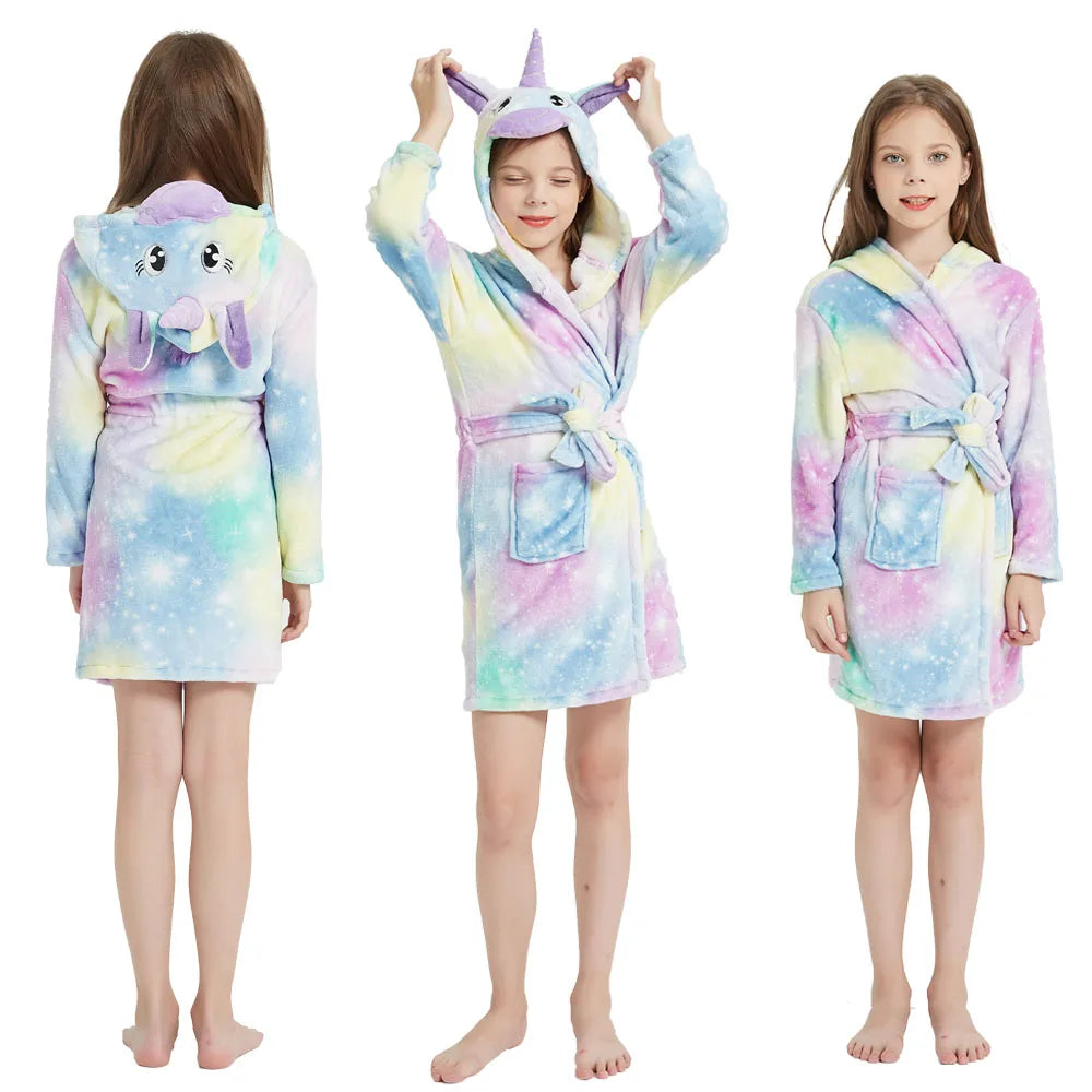 Children Bathrobe For Girls Kigurum Unicorn Pyjamas Kids Colar Fleece Boys Bathrobes Nightgown Baby Sleepwear Hooded Bath Robe