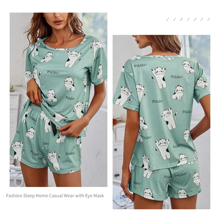 Women's Loungewear Casual Cute Print Nightwear Short Sleeve Crew Neck T-Shirt And Shorts Pajama Set Sleepwear Lounge Two Piece