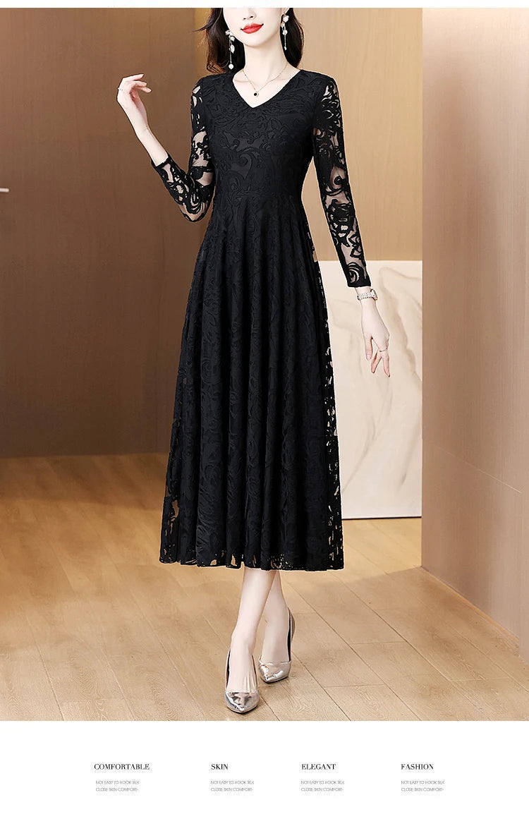 Women Vintage V-neck Lace Hollow Out Sexy Dress 2025 Elegant Bodycon Party Vestidos Spring Autumn Black Long Sleeve Midi Dresses