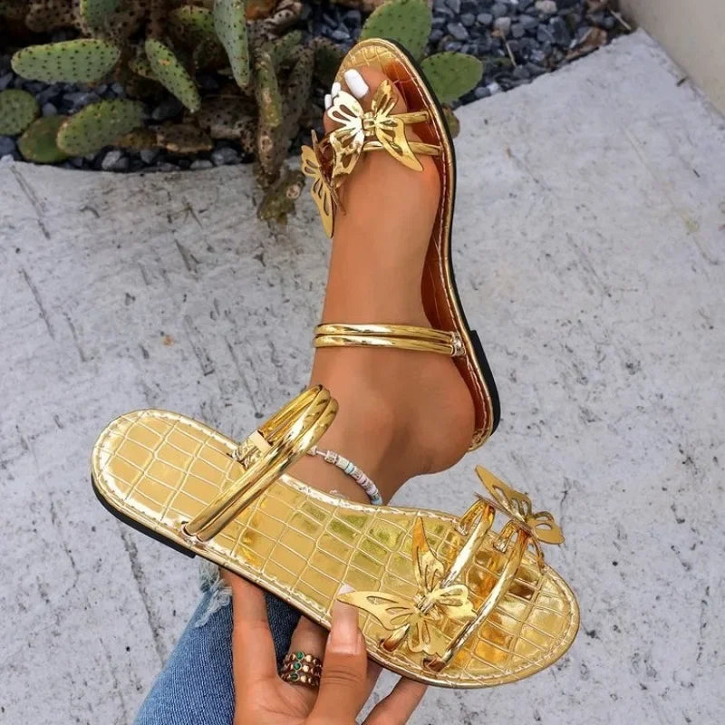 Women's Sandals Summer Comfortable Casual Shoes Flat Slippers Women's Shoes Beach Butterfly Gold Footwear