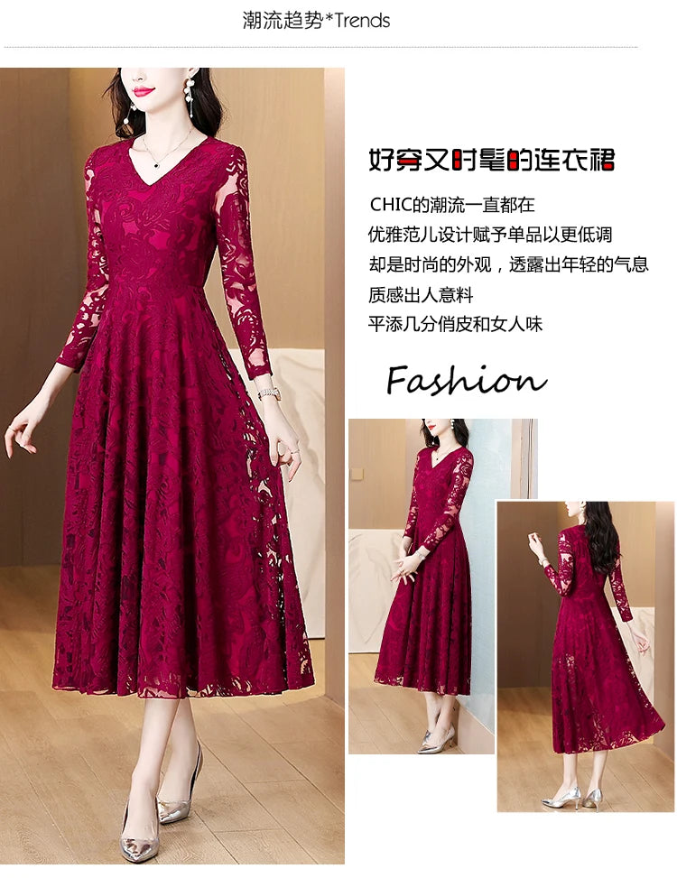 Women Vintage V-neck Lace Hollow Out Sexy Dress 2025 Elegant Bodycon Party Vestidos Spring Autumn Black Long Sleeve Midi Dresses