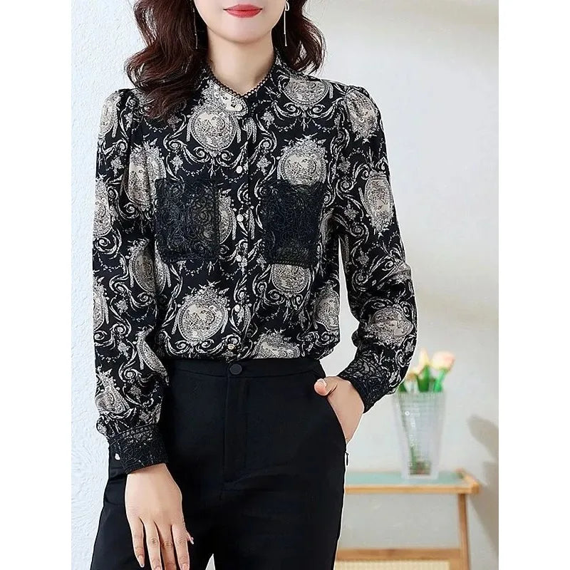 Shirts for Women in Spring Autumn New Style Printed Satin Stylish Slim Fashion Commuting Simple