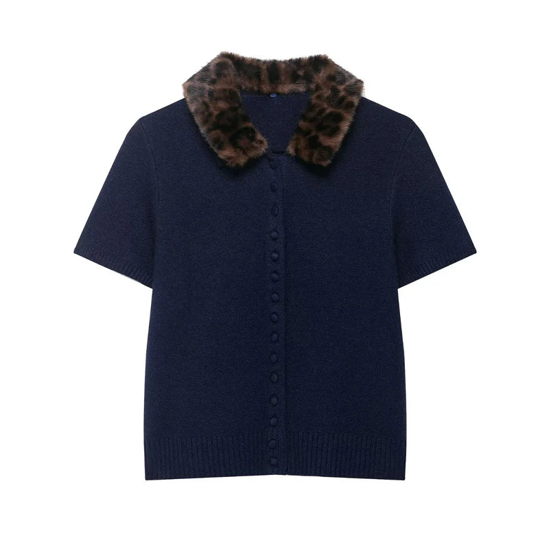 Women's Jacket 2025 New Autumn Fashion Darkblue Detachable Animal Print Neckline Knitted Jacket for Women Casual Chic Ladies Top